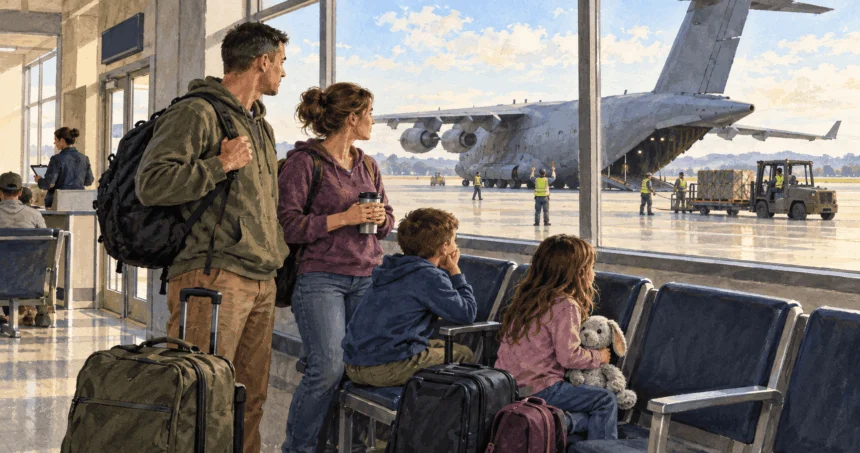 Service member family waits near a military cargo aircraft for possible seats.