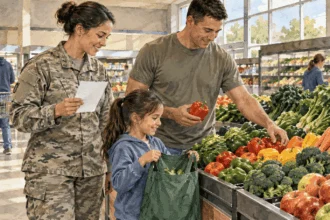 Conceptual watercolor painting of a family shops for groceries.