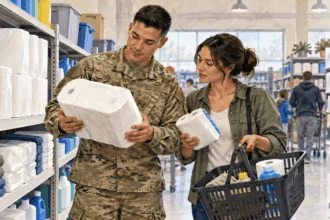 Painted illustration of a military family comparing supplies at an exchange.