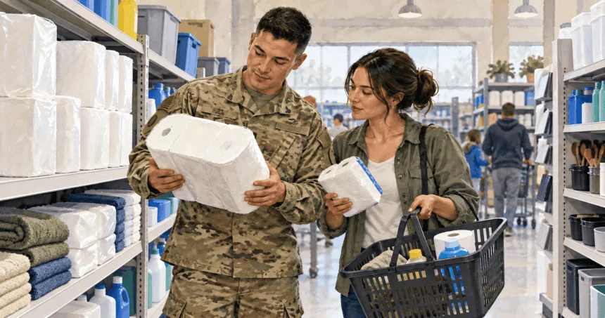 Painted illustration of a military family comparing supplies at an exchange.