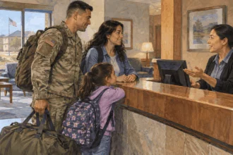 Conceptual painting of a military family speaking with a lodging clerk at a base inn.