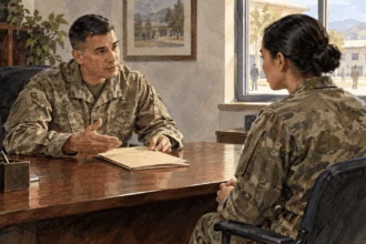 Conceptual painting of a service member speaking with a unit leader about an unmarked administrative folder.