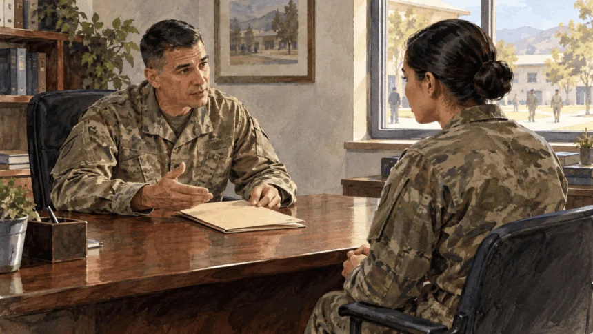Conceptual painting of a service member speaking with a unit leader about an unmarked administrative folder.