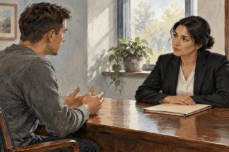 Conceptual painting of a service member in civilian clothing speaking with a legal adviser.