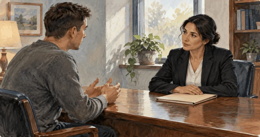 Conceptual painting of a service member in civilian clothing speaking with a legal adviser.