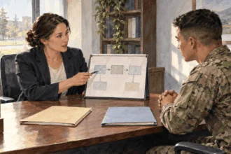 Conceptual watercolor painting of counselor explains a protective-order process.