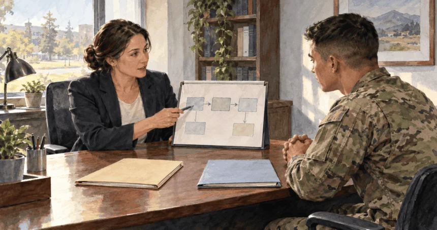 Conceptual watercolor painting of counselor explains a protective-order process.
