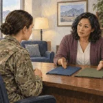 Painted illustration of a service member discussing complaint channels with an adviser.