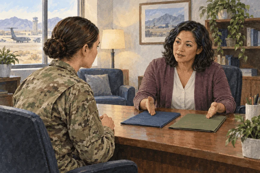 Painted illustration of a service member discussing complaint channels with an adviser.