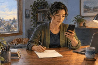Conceptual painting of a person at home preparing a blank note while considering a report to a defense watchdog.
