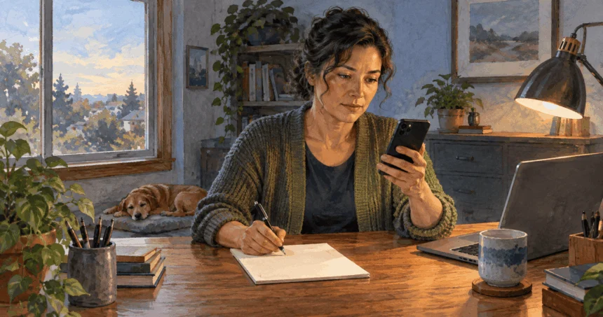Conceptual painting of a person at home preparing a blank note while considering a report to a defense watchdog.