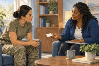 Painted illustration of a service member meeting with a support counselor in a quiet office.