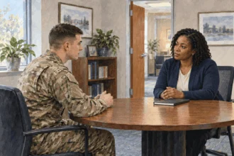 Painted illustration of a service member speaking with an equal-opportunity adviser.