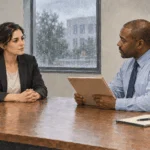 Painted illustration of a security-clearance applicant in a background interview.