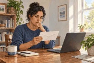 Painted illustration of a worker considering a sealed clearance-related letter.