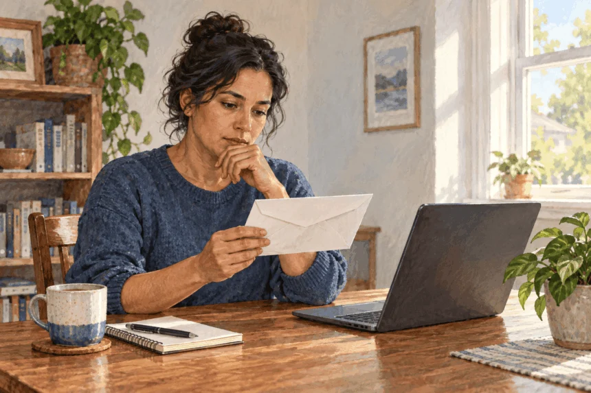 Painted illustration of a worker considering a sealed clearance-related letter.