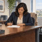Conceptual painting of a civil servant preparing a blank travel report at an office desk beside a carry-on bag.