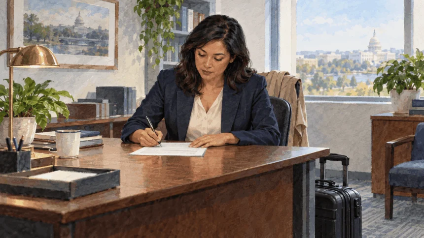 Conceptual painting of a civil servant preparing a blank travel report at an office desk beside a carry-on bag.