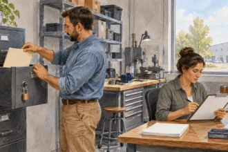 Conceptual watercolor painting of contractors safeguard a technical folder.