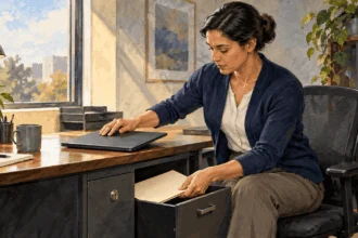Painted illustration of an office worker securing a laptop and paper folder.