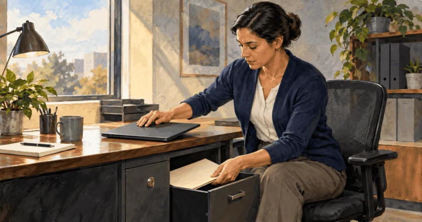 Painted illustration of an office worker securing a laptop and paper folder.
