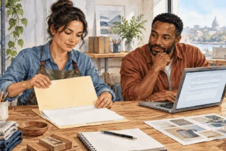 Conceptual watercolor painting of small-business owner prepares registration with colleague.