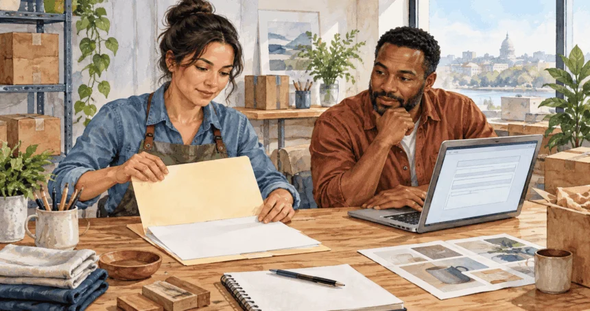 Conceptual watercolor painting of small-business owner prepares registration with colleague.