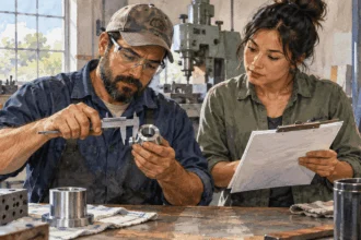 Conceptual painting of a small shop owner measuring a metal part beside a colleague reviewing plain procurement papers.