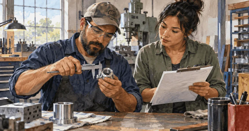 Conceptual painting of a small shop owner measuring a metal part beside a colleague reviewing plain procurement papers.