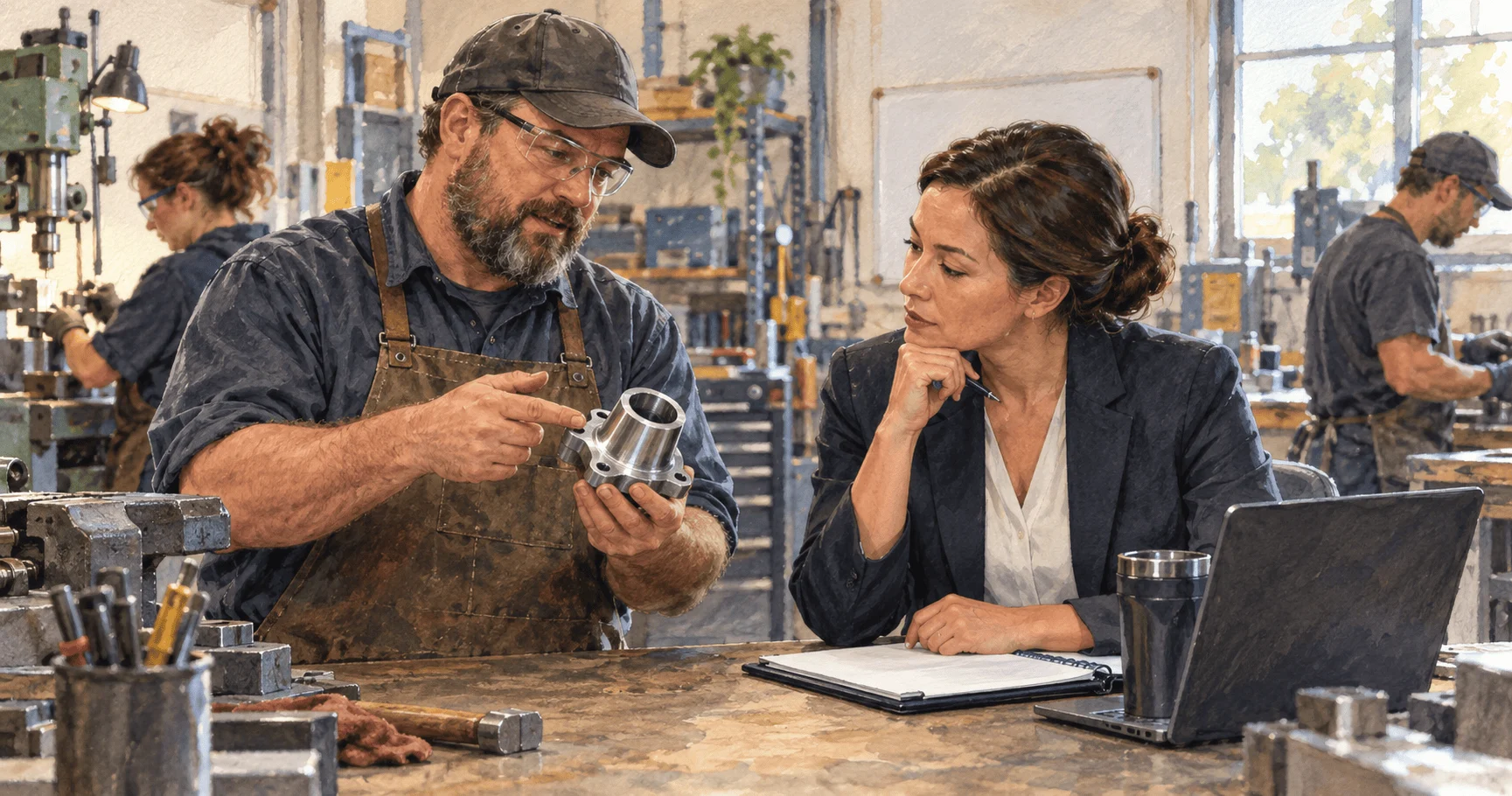 Small-business owner shows a manufactured component to a procurement adviser.