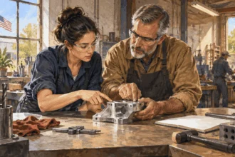 Painted illustration of two engineers discussing a prototype in a workshop.