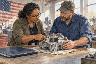Conceptual painting of procurement staff inspecting a replacement part with a supplier.