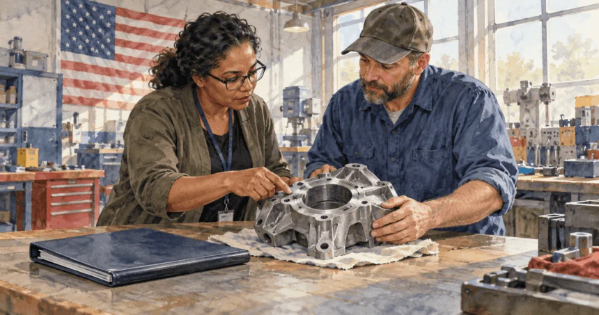 Conceptual painting of procurement staff inspecting a replacement part with a supplier.