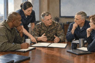 Senior military advisers confer with a civilian defense official.