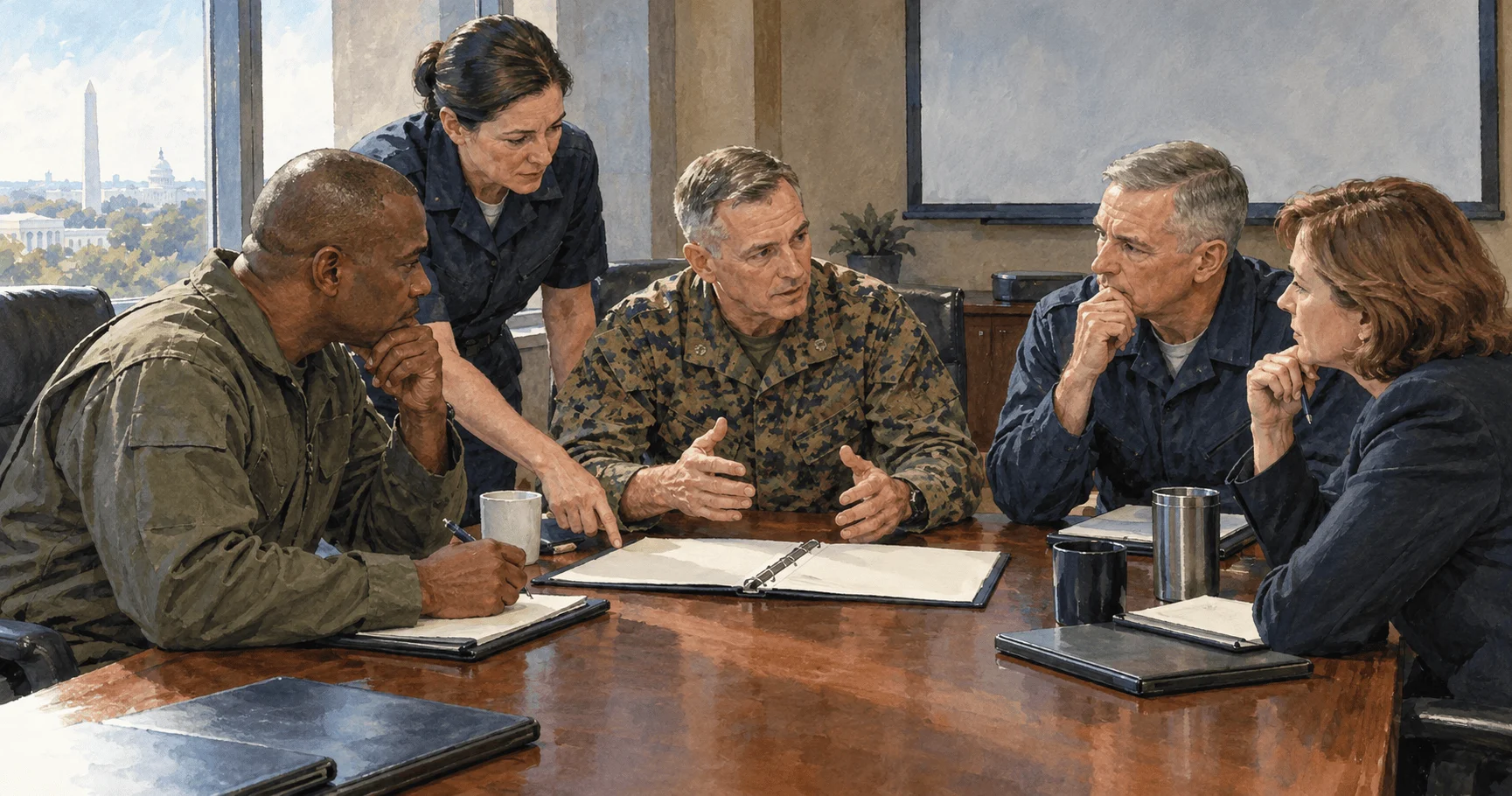 Senior military advisers confer with a civilian defense official.