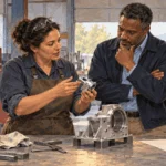 Conceptual painting of a small shop owner showing a machined part to a potential prime-contractor representative.