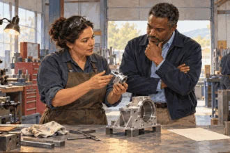 Conceptual painting of a small shop owner showing a machined part to a potential prime-contractor representative.