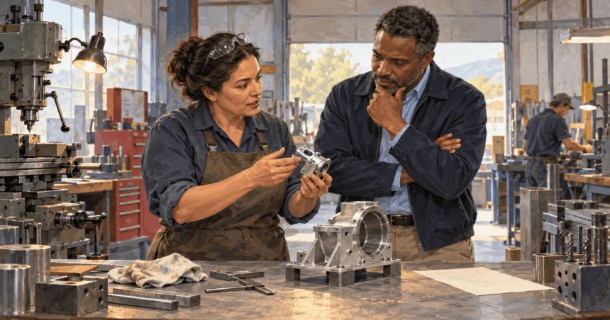 Conceptual painting of a small shop owner showing a machined part to a potential prime-contractor representative.