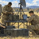 Painted illustration of Army personnel setting up field communications equipment during training.