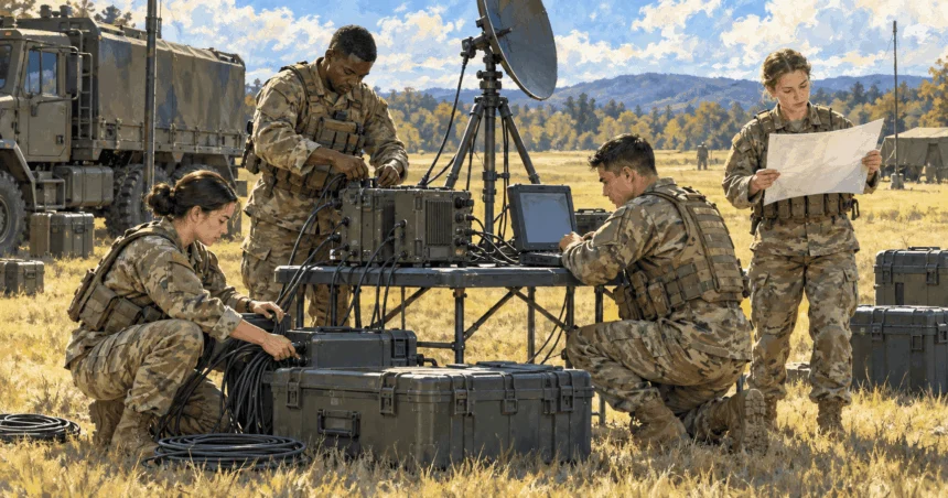 Painted illustration of Army personnel setting up field communications equipment during training.