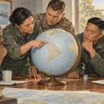Conceptual painting of a joint military planning team looking at a globe.