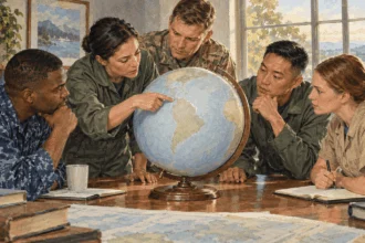 Conceptual painting of a joint military planning team looking at a globe.