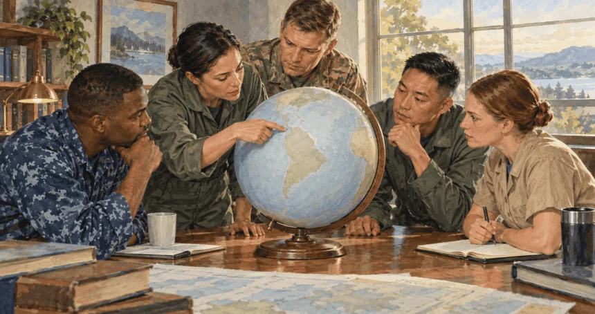 Conceptual painting of a joint military planning team looking at a globe.