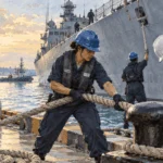 Conceptual painting of a Navy crew handling mooring lines beside a ship at a pier.