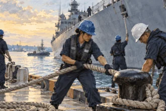 Conceptual painting of a Navy crew handling mooring lines beside a ship at a pier.