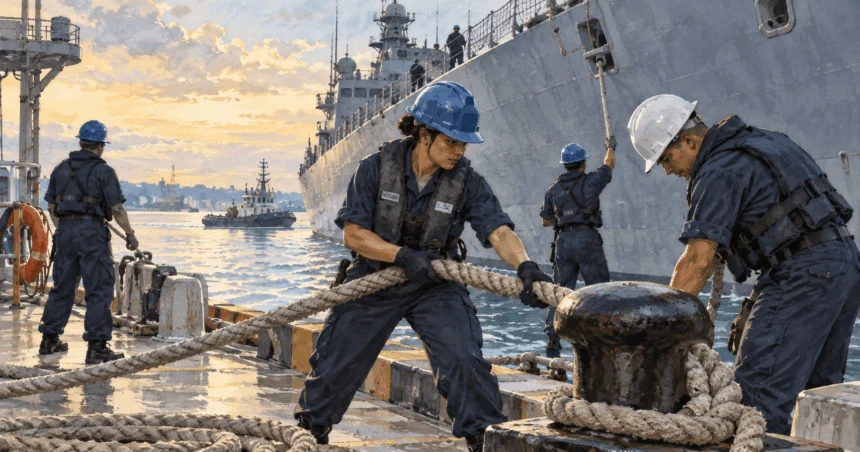 Conceptual painting of a Navy crew handling mooring lines beside a ship at a pier.