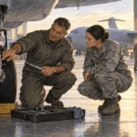 Painted illustration of an Air Force ground crew discussing work beside an aircraft.