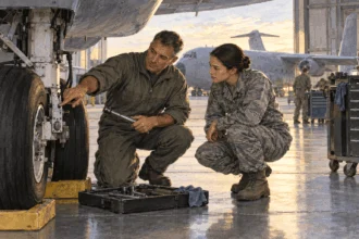 Painted illustration of an Air Force ground crew discussing work beside an aircraft.