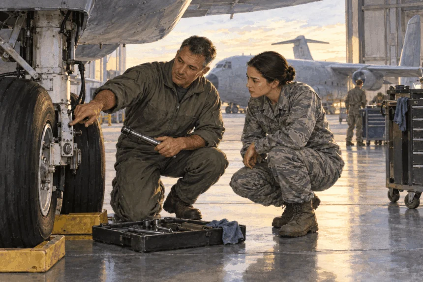 Painted illustration of an Air Force ground crew discussing work beside an aircraft.