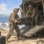 Conceptual painting of Marines loading communications equipment during a training exercise.